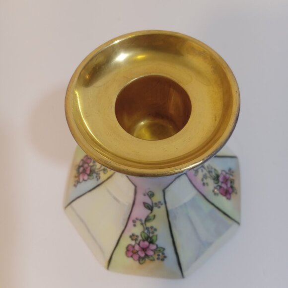 Candlestick Holder Porcelain Pink Purple Lavender Gold Floral Made In Germany - Picture 3 of 7